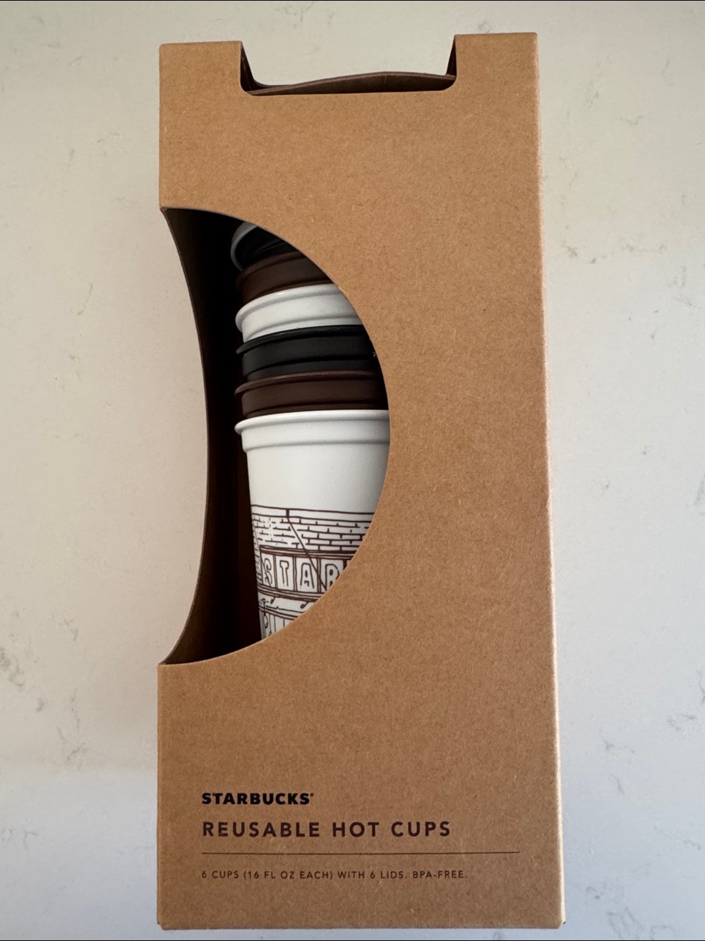 Starbucks White Reusable Hot Cups with Brown and Black Lids NWT